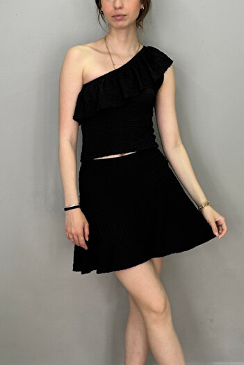 Tam Moda Women's Black One Shoulder Blouse - Flared Skirt Set