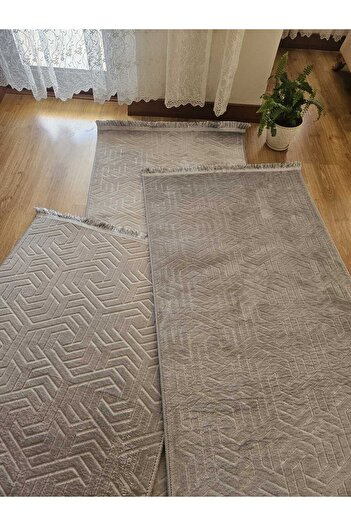AKSU DİNARSU armoni saçaklı modern yıkanabilir embos 3lü yatak odası takımı kaymaz taban(80X250)(80X150)