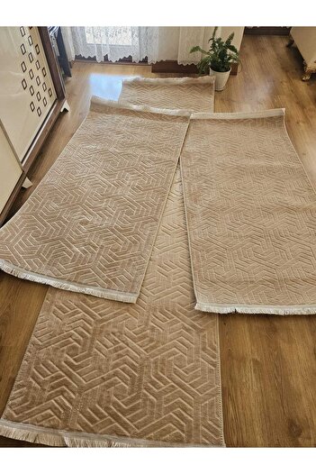 AKSU DİNARSU armoni saçaklı modern yıkanabilir embos 3lü yatak odası takımı kaymaz taban(80X250)(80X150)