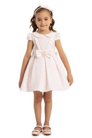 Pamina Elegant Two-Piece Set - Jacquard Dress for Little Girl with Matching Hair Accessory