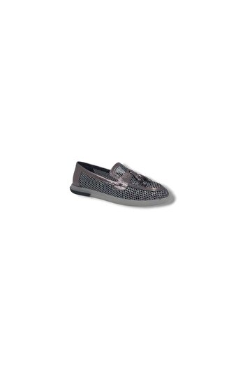 Zerhan İzlife 603 Women's Platinum Mesh Shiny Loafer Shoes