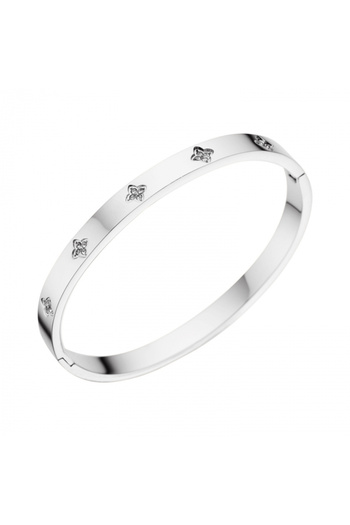 Tessero Fixed Bangle Bracelet with Rhinestones from Zircon Stone, Four-leaf Clover Design, Stainless Steel,