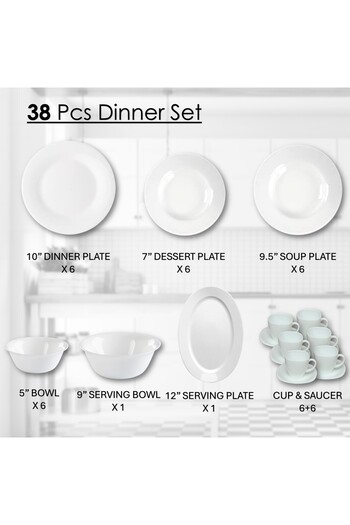 Houzi 38 Pcs Opal ware Dinner set Dinner,Soup & Dessert plate Bowl Serving bowl & plate cup & saucer