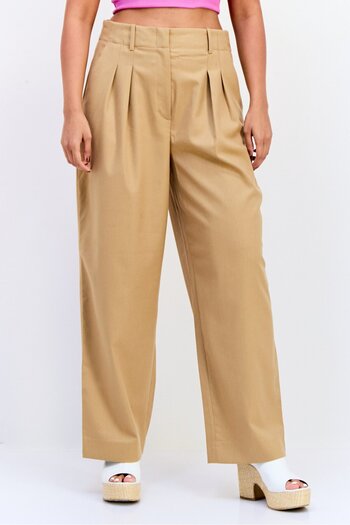 Esprit Women Regular Fit Plain 30 Length Wide Leg Pants, Tan