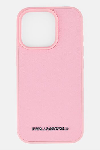 Karl Lagerfeld iPhone 16 Pro Elongated Metal Logo With Saffiano Leather Hard Case, Pink
