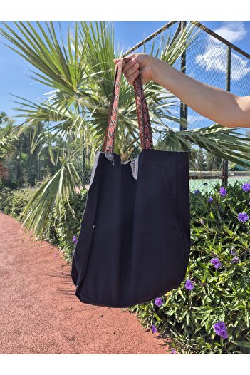 Mia Pera Beach Bag Black Linen Colored Grosgrain Strap Bag