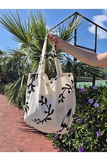 Mia Pera Beach Bag Ecru Ground Black Floral Patterned Raw Linen Hanging Bag