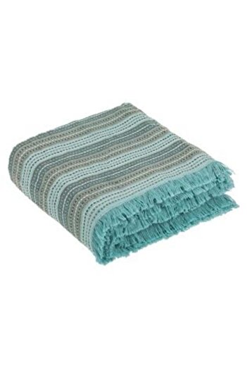 Jumbo Decorative Turquoise Cover with Brown Stripes and Tassels for Three-Seater Sofa 280 x 180 cm