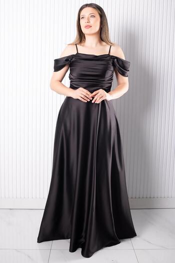 SUBU TASARIM Satin Evening Dress with Straps Black Tbs388