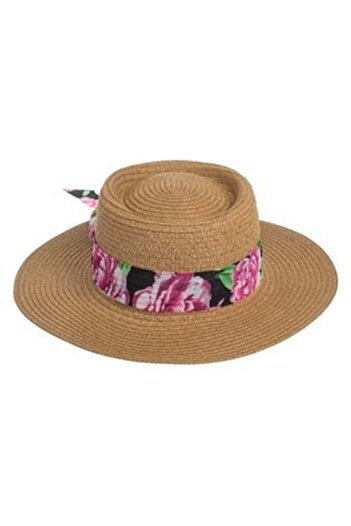 Jumbo Beige Hat with Floral Ribbon for Women