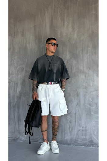 ablukaonline Men's Elastic Waist Cargo Pocket Oversize Shorts White