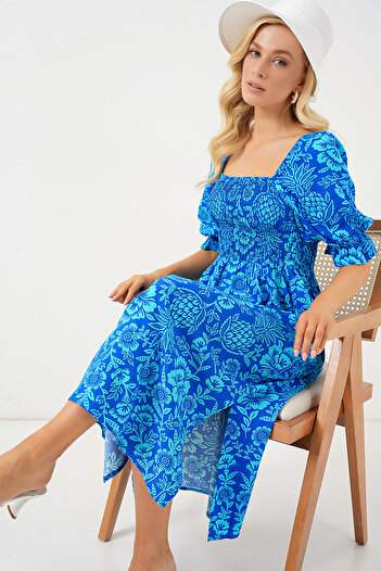 Bigdart 2512 Patterned Slit Dress - Blue