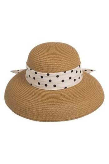 OEM Natural Color Hat with Ecru Ribbon and Black Dots for Women