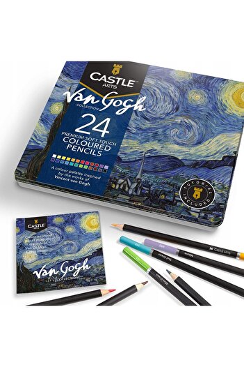 QuTek Thematic set of 24 colored pencils in a tin box, with tutorial, colors inspired by Van Gogh