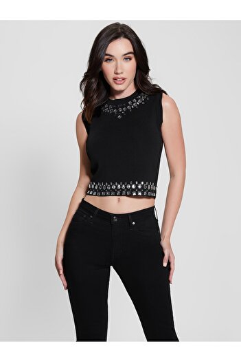 Guess Pulover negru normal cu gât polo pentru femei W4RR30Z37K0-JBLK