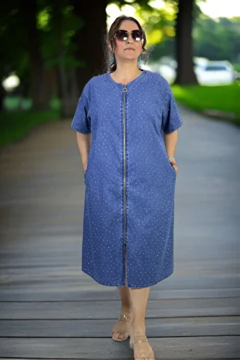 yagmurberen Front to Back Zippered Stone Embroidered Pocket Short Sleeve Large Size Jean Denim Dress
