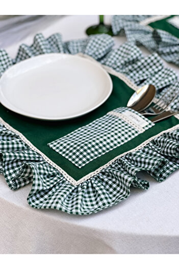 KaiHome Pocketed Raw Linen Checkered Ruffle Detailed American Service/ Supla 4Pcs