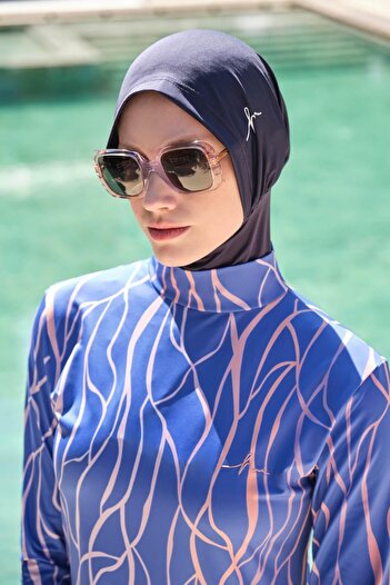 Haşema Stripe Patterned Lycra Saks Blue 5 Piece Full Hijab Swimsuit Set 3161