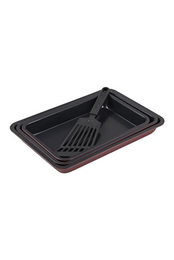 Bergner Tray with non-stick surface and pot MAROON set of 3 pieces