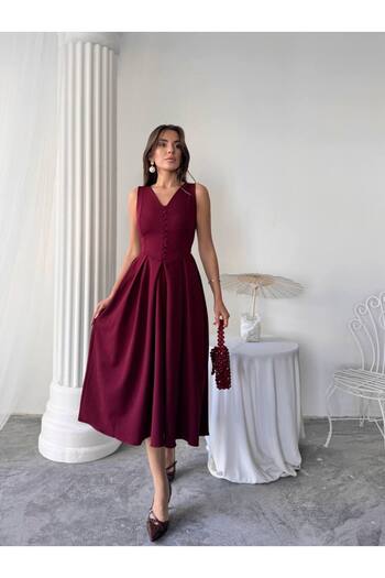 conconmoda Dore Piliseli Düğmeli Midi Elbise