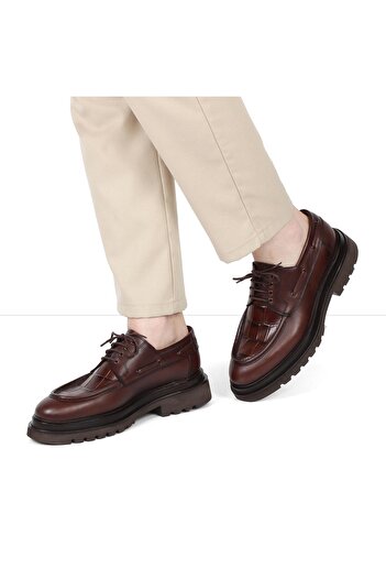 Celal Gültekin Men's Brown Crocodile Laced Thick Soled Leather Casual Shoes