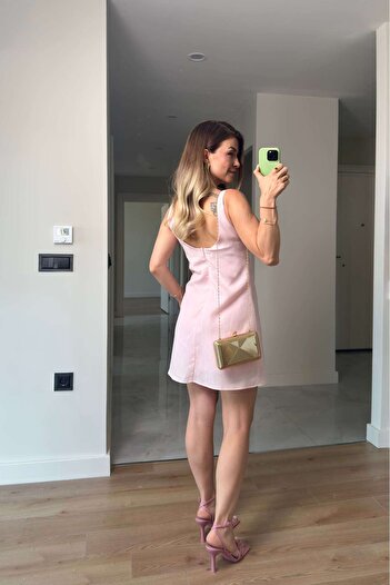 Sue Store Toz Pembe Kare Yaka Askılı Astarlı Premium Keten Elbise