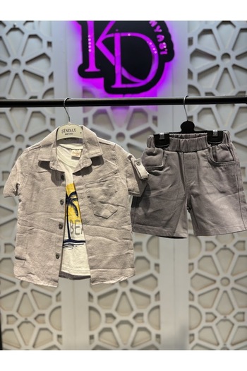 KUMRUNUN DÜNYASI Gray Shirt Short Sleeve T-Shirt and Gray Shorts 3-Piece Bottom Top Boy's Set
