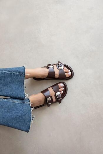 STRASWANS Orban Women's Buckle Detail Daily Comfort Leather Slippers Brown