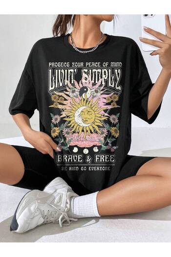 ELNOYA Unisex Cotton Black Oversize "Brave Free" Printed Comfortable Casual T-Shirt