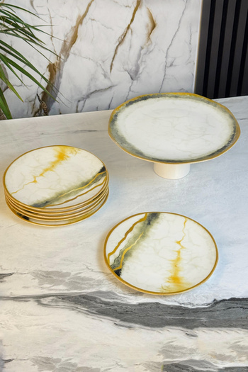 MAY HOME 7 Piece Yeh Porcelain Cake Presentation Set with Stand & Footed Cake Pastry Cookie Serving Set