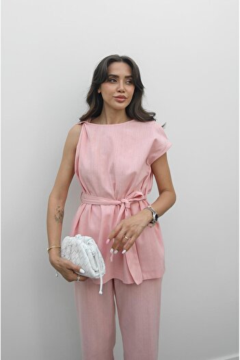 Havoş Pink Shoulder Embroidered Blouse Pants Set