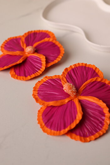 Gizy Store Polymer Clay Bicolor Orange Oembe Hibiscus Flower Earring