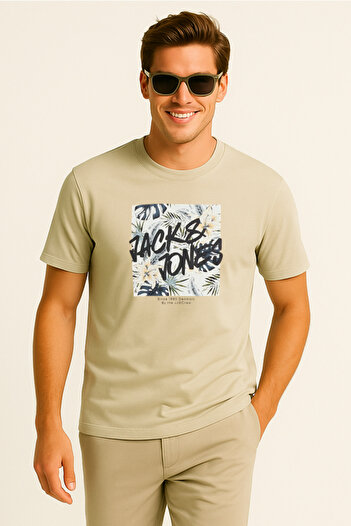 Jack & Jones J&J T-Shirt Ανδρικό μπλουζάκι με λογότυπο στο στήθος εμπριμέ μπλουζάκι ανοιχτό μπεζ