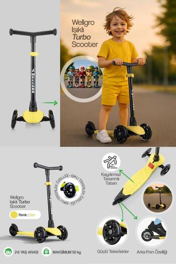 Wellgro Işıklı Scooter, Ayarlanabilir yükseklik, Ön Tekerleri Işıklı Çocuk Scooter, Sarı
