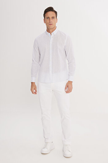 ALTINYILDIZ CLASSICS White Linen Slim Fit Shirt - Navy Blue, Buttoned Collar, Printed