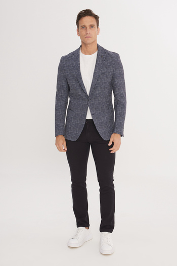 ALTINYILDIZ CLASSICS Men's Navy Blue Slim Fit Slim Fit Mono Collar Houndstooth Patterned Blazer Jacket