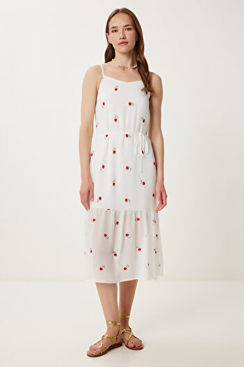 Happiness İstanbul Women's Ecru Red Floral Embroidered Summer Chiffon Dress Tp00051