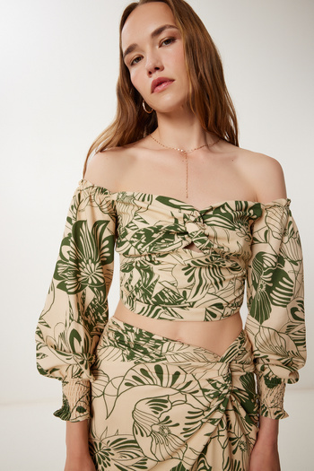 Happiness İstanbul Women's Beige Khaki Patterned Linen Crop Skirt Set Wf00148