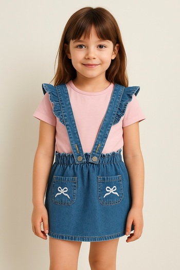 TRENDYOLKIDS Blue Girl's 100% Cotton Ribbon Detailed Denim Salopet Tkdss25Se00004