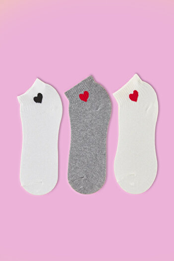 Trendyol Collection White-Grey 3-Piece Heart Printed Half Length Knitted Socks Thmss25Co00009