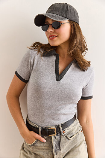 Olalook Women's Gray Anthracite Polo Neck Color Detailed Flexible Cotton Blouse Blz-19002920