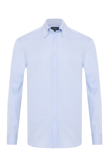 Germirli Blue Exclusive Herringbone Texture Button Collar Tailor Fit Cotton Shirt