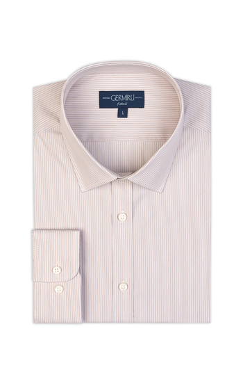 Germirli Beige White Striped Soft Collar Tailor Fit Shirt