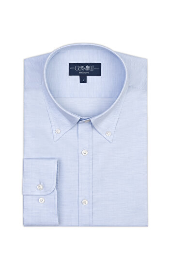 Germirli Blue White Micro Patterned Exclusive Button Collar Tailor Fit Cotton Shirt