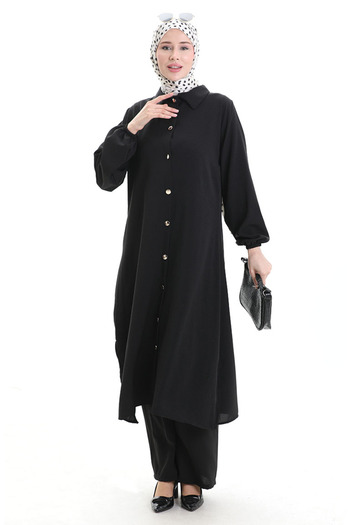 sefamerve Buttoned Long Tunic Trousers Double Suit 0089-02 Black