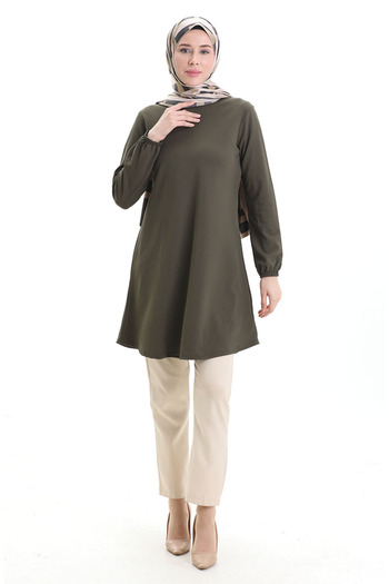 sefamerve Seasonal Flowy Plain Tunic with Elasticated Sleeves 8751-03 Khaki