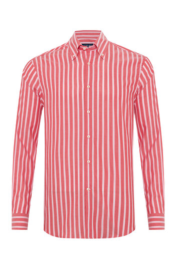 Germirli Albini Red Pink Striped Button Collar Cotton Exclusive Shirt