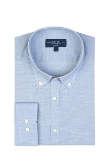 Germirli Albini Light Blue Melange Button Collar Tailor Fit Cotton Voile Shirt