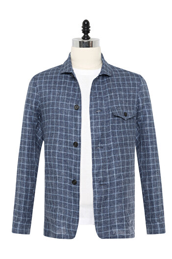Germirli Albini Navy Blue Checkered Beyoğlu Linen Jacket Shirt