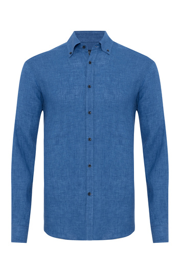 Germirli Albini Cobalt Blue Button Collar Tailor Fit Pure Linen Shirt
